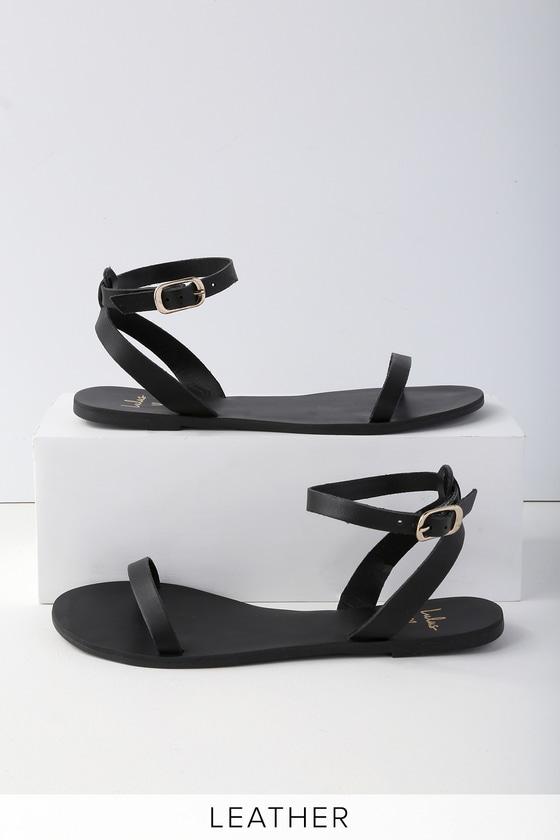Colette Black Nappa Leather Flat Ankle Strap Sandal Heels | Lulus