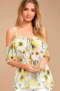 Lulus Trip To The Tropics Yellow Floral Print Off-the-shoulder Top