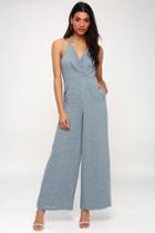 Ravina Slate Blue Polka Dot Halter Wide-leg Jumpsuit | Lulus