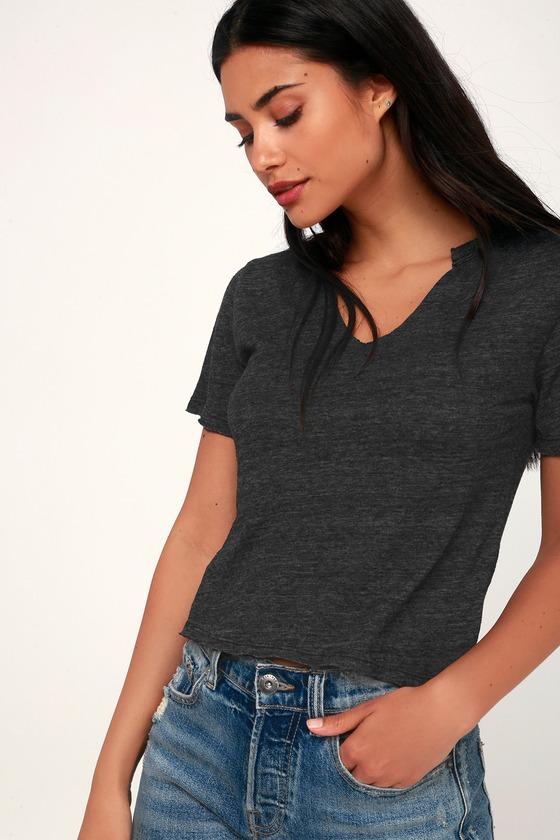 Day Rebel Heather Black Notched Cropped Tee | Lulus