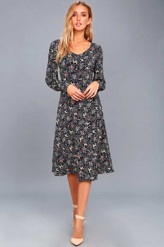 Lulus | Woodland Wonderland Navy Blue Print Long Sleeve Midi Dress | Size Medium