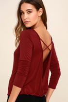 Lulus In A Day Wine Red Backless Long Sleeve Top