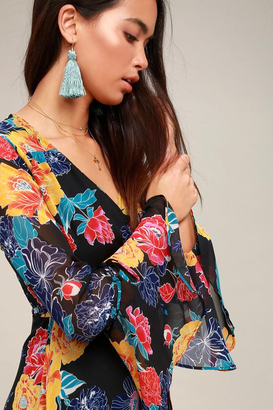 Growing, Growing, Gone Black Floral Print Wrap Dress | Lulus