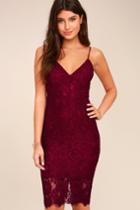 Lulus | Extraordinary Love Burgundy Lace Midi Dress | Size Large | Red | 100% Polyester