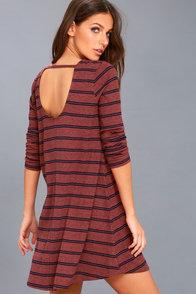 Rvca Time Table Washed Burgundy Striped Long Sleeve Dress