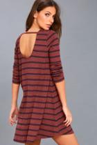 Rvca Time Table Washed Burgundy Striped Long Sleeve Dress