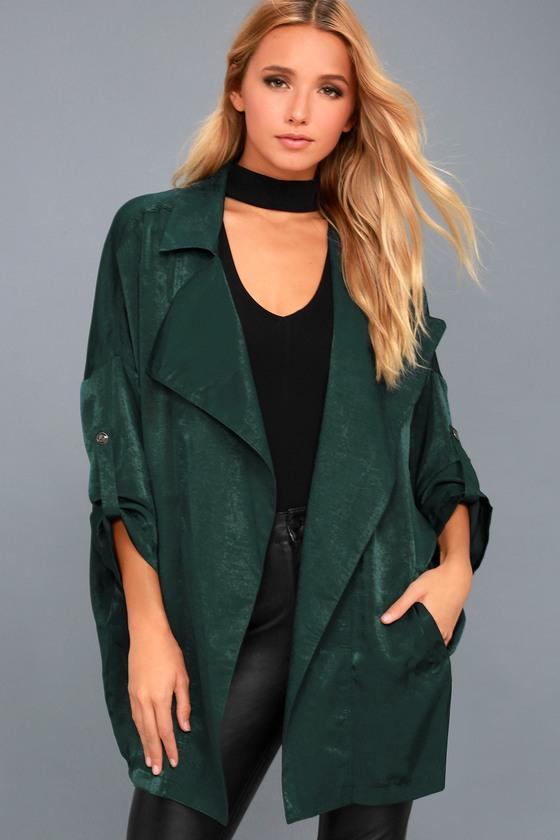 Lulus | High-spirited Forest Green Satin Jacket | Size Large | 100% Polyester