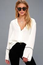 Lulus | Cindera Sheer White Flounce Sleeve Button-up Top