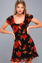 Lulus | Isla Mujeres Red And Black Floral Print Ruffled Dress