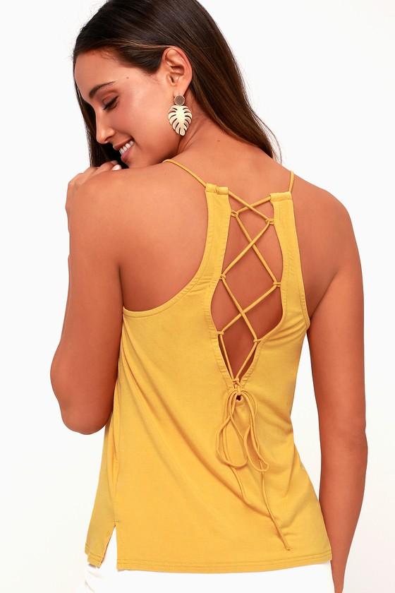 Rvca Teller Mustard Yellow Lace-up Tank Top | Lulus