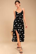 Lost + Wander | Poppy Black Floral Print Midi Dress | Size Large | 100% Polyester | Lulus