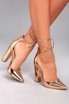 Lulus | Angela Rose Gold Lace-up Heels | Size 5.5 | Vegan Friendly