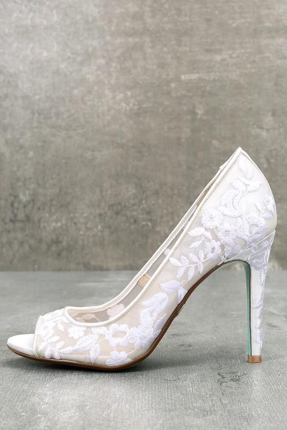 Betsey Johnson Adley Ivory Embroidered Peep Toe Heels | Lulus