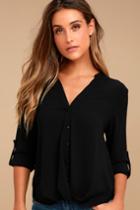 Lulus | Rush Hour Black Button-up Top | Size Large | 100% Polyester