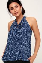 Oeuvre Navy Blue Polka Dot Tie-neck Sleeveless Top | Lulus