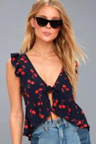 Lucy Love Cherry Bomb Navy Blue Cherry Print Tie-front Top | Lulus