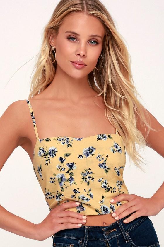 Amuse Society Only You Yellow Floral Print Tying Crop Top | Lulus