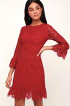 Flair-est Of Them All Red Lace Flounce Sleeve Dress | Lulus