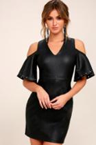 Lost + Wander | Dakota Black Vegan Leather Cold-shoulder Dress | Size Large | 100% Polyester | Vegan Friendly | Lulus