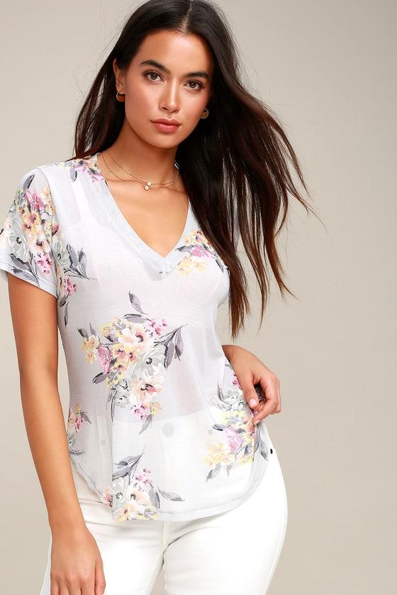 Tee Party Sheer Light Blue Floral Print Tee | Lulus