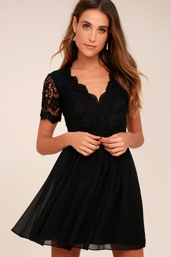 Lulus | Angel In Disguise Black Lace Skater Dress | Size Medium | 100% Polyester