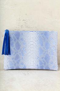 Lulus Sultry Sidewinder Blue Snake Print Clutch