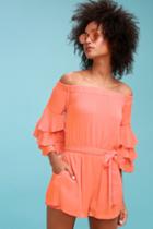 Santa Ana Coral Orange Off-the-shoulder Flounce Sleeve Romper | Lulus