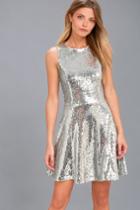 Lulus | City Dreams Silver Sequin Sleeveless Skater Dress | Size Large | 100% Polyester