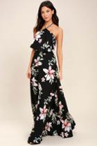 Lulus | Peninsula Black Floral Print Maxi Dress | Size X-small | 100% Polyester