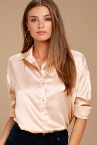 Lulus Sheen On Me Blush Satin Button-up Top