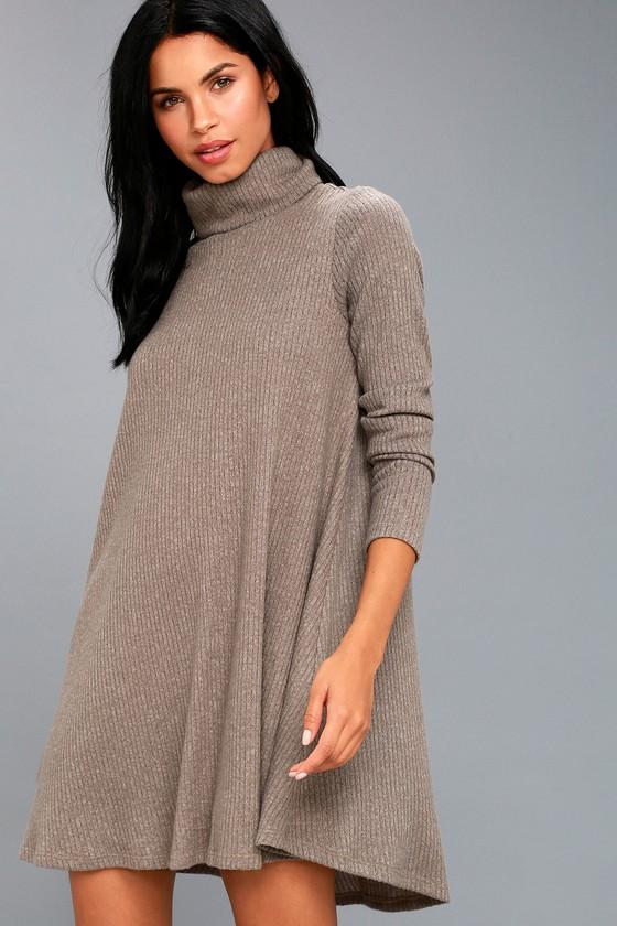 Lulus | Cozy Express Heather Taupe Long Sleeve Swing Dress
