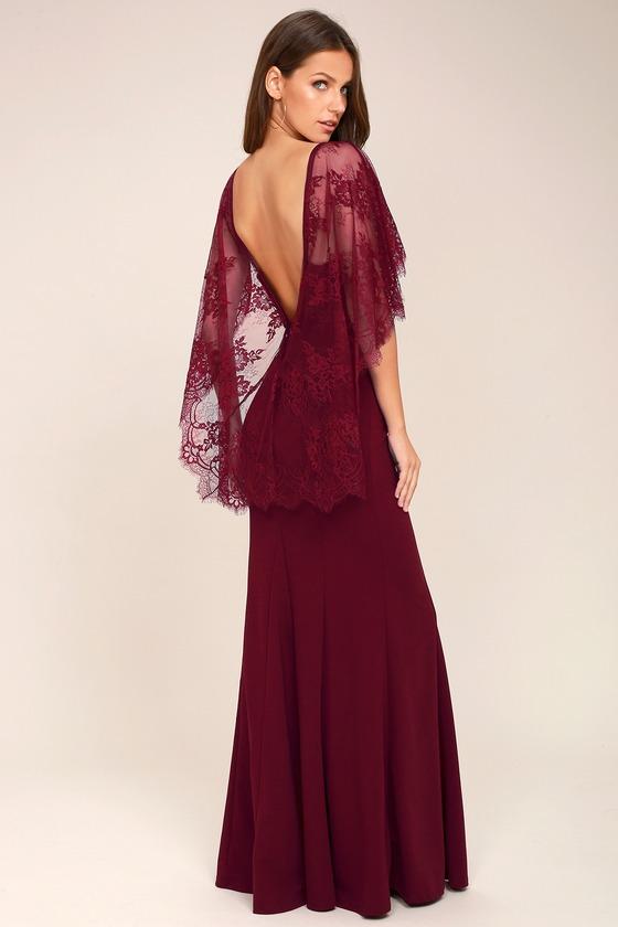 Lulus | Amelie Burgundy Lace Maxi Dress | Size Large | Red | 100% Polyester