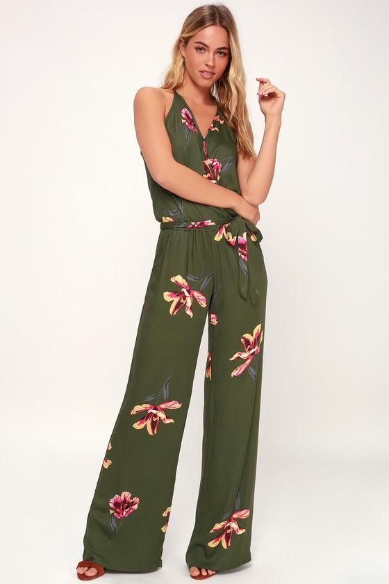 On The Road Florence Olive Green Floral Print Wide-leg Jumpsuit | Lulus