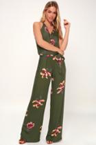 On The Road Florence Olive Green Floral Print Wide-leg Jumpsuit | Lulus
