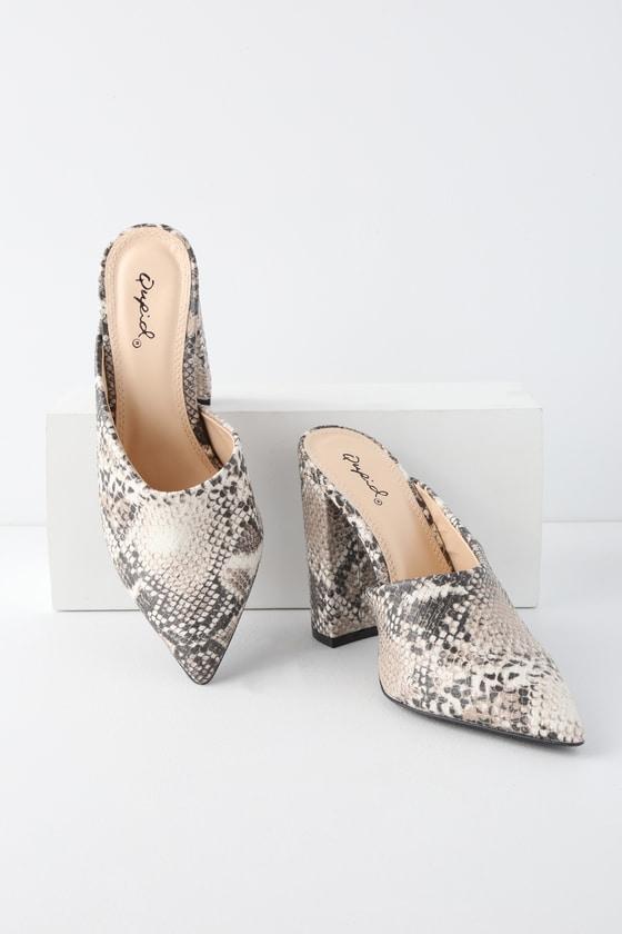 Qupid Gena Beige And Brown Snake Mules | Lulus