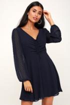 Wine And Dine Navy Blue Swiss Dot Long Sleeve Skater Dress | Lulus