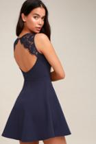 Need You Close Navy Blue Lace Backless Skater Dress | Lulus
