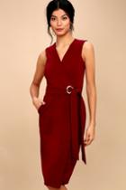 Lulus | Office Aesthetic Wine Red Midi Wrap Dress | Size Medium | 100% Polyester