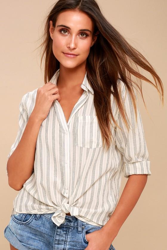 Coastal Calling Washed Navy Blue Striped Button-up Top | Lulus