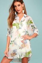 Lulus In The Tropics Sheer White Tropical Print Shirt Dress