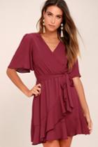 Lulus | Absolute Affection Burgundy Wrap Dress | Size Small | Red | 100% Polyester