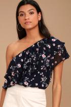 Lulus Life's Grand Navy Blue Floral Print One Shoulder Top