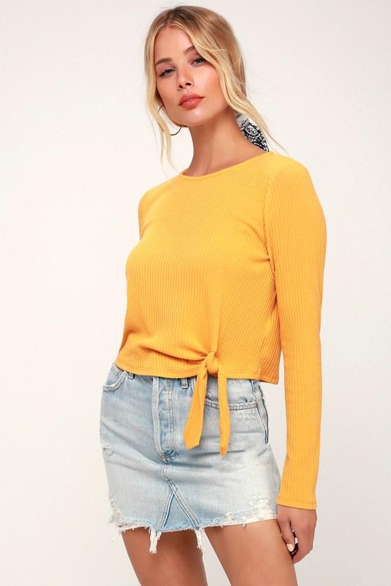 Lulus Basics Wilson Mustard Yellow Ribbed Long Sleeve Tie-front Crop Top | Lulus