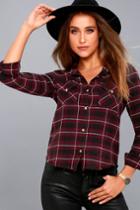 Lulus | In A Haze Burgundy Plaid Flannel Button-up Top | Size X-small | Purple | 100% Cotton