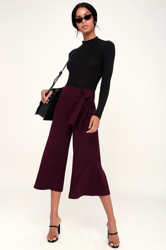 Lush Avril Burgundy Ribbed Tie-front Culotte Pants | Lulus