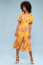Somedays Lovin' Searing Soul Golden Yellow Floral Print Midi Dress | Lulus