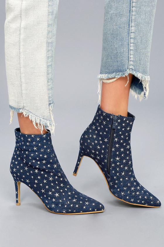 Athena | Khristyn Dark Blue Denim Star Print Ankle Booties | Lulus