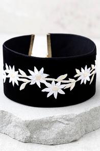 Vanessa Mooney Lizy Black Velvet Embroidered Choker Necklace
