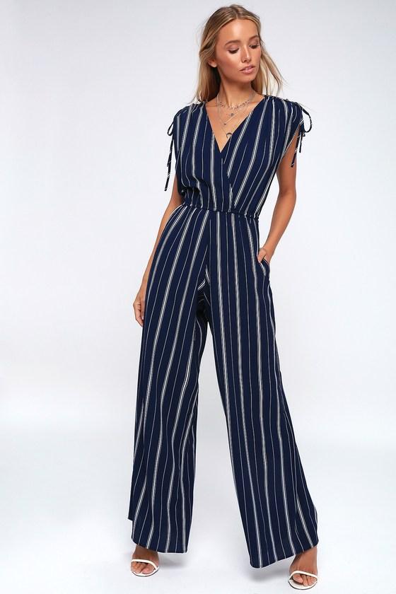 Cartagena Navy Blue And White Striped Wide-leg Jumpsuit | Lulus