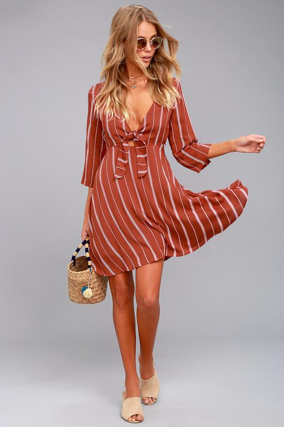 Amuse Society | Let's Knot Rust Red Striped Dress | Size X-small | 100% Polyester | Lulus